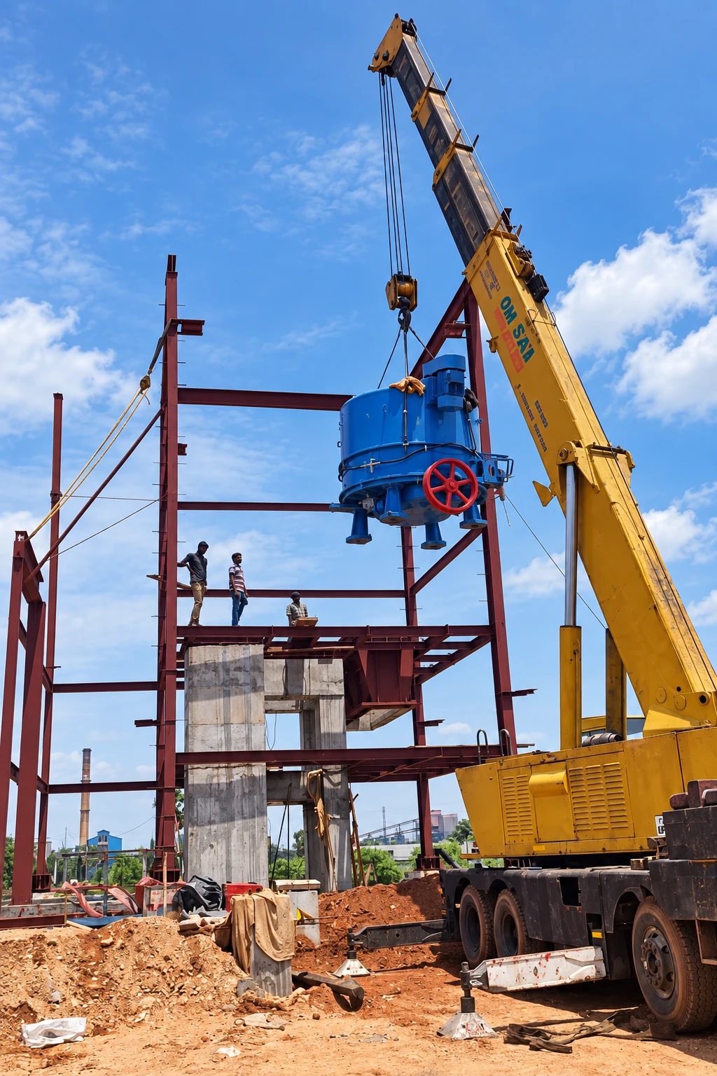 DISA equipment being lifted into the steel frame at JS Auto Cast Foundry.